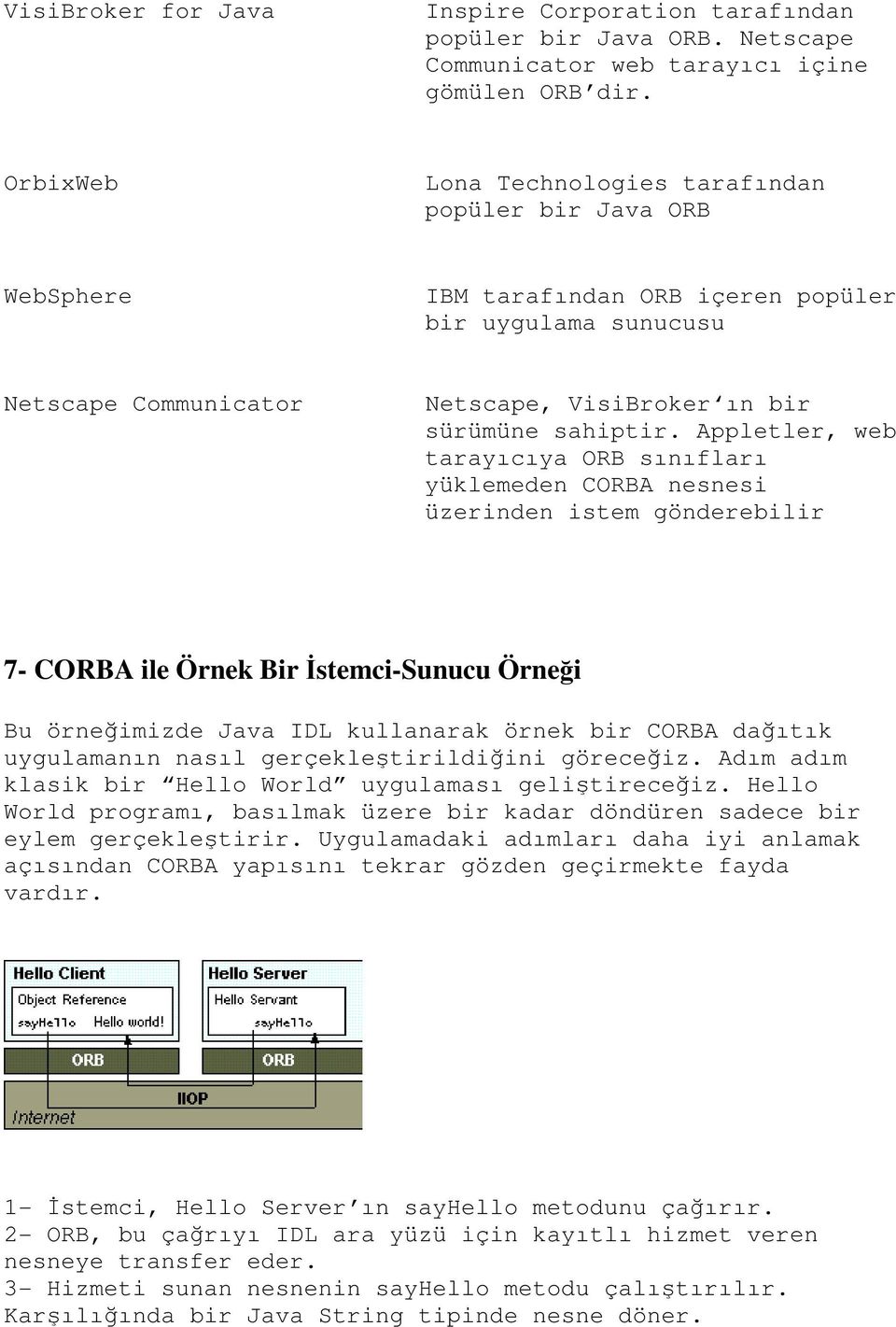 Appletler, web tarayıcıya ORB sınıfları yüklemeden CORBA nesnesi üzerinden istem gönderebilir 7- CORBA ile Örnek Bir İstemci-Sunucu Örneği Bu örneğimizde Java IDL kullanarak örnek bir CORBA dağıtık