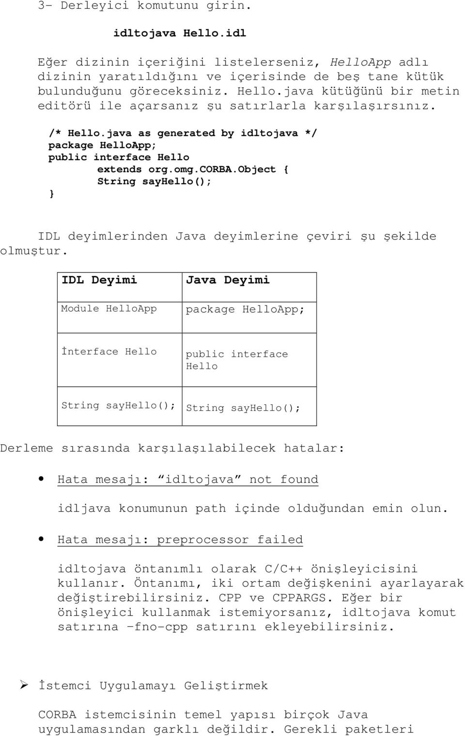 IDL Deyimi Module HelloApp Java Deyimi package HelloApp; İnterface Hello public interface Hello String sayhello(); String sayhello(); Derleme sırasında karşılaşılabilecek hatalar: Hata mesajı: