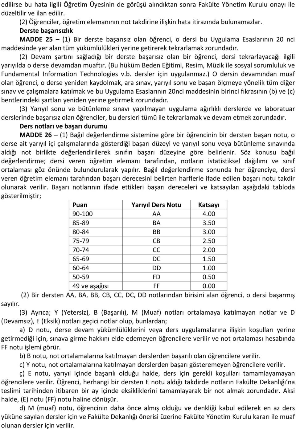 Derste başarısızlık MADDE 25 (1) Bir derste başarısız olan öğrenci, o dersi bu Uygulama Esaslarının 20 nci maddesinde yer alan tüm yükümlülükleri yerine getirerek tekrarlamak zorundadır.