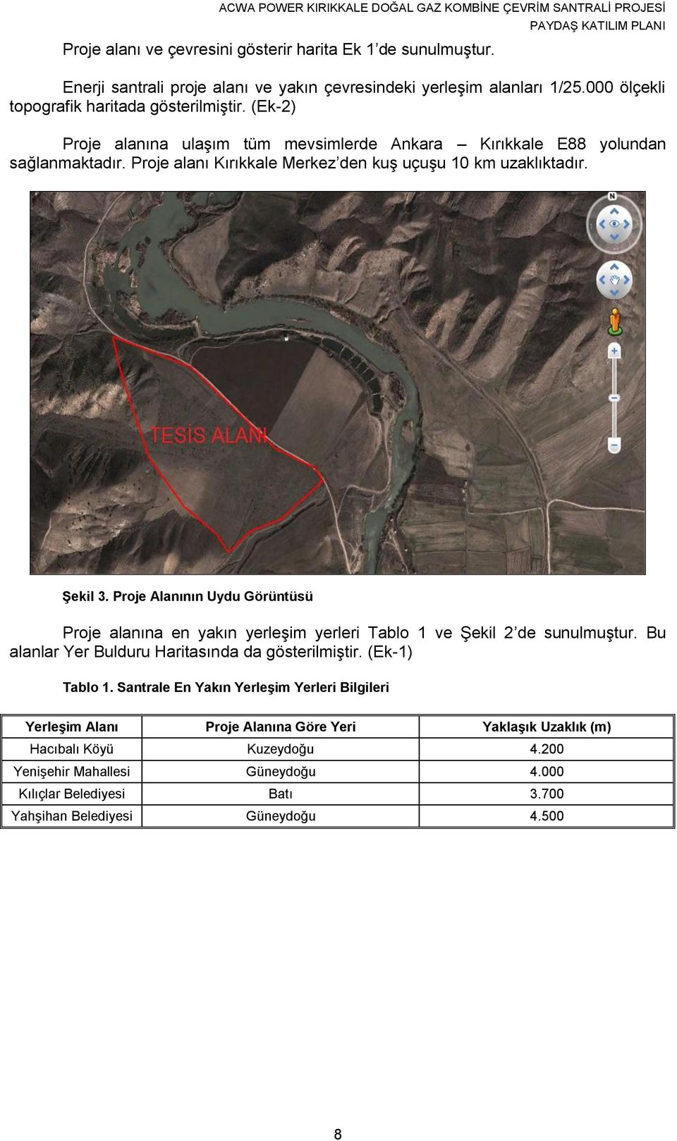 Proje Alanının Uydu Görüntüsü Proje alanına en yakın yerleşim yerleri Tablo 1 ve Şekil 2 de sunulmuştur. Bu alanlar Yer Bulduru Haritasında da gösterilmiştir. (Ek-1) Tablo 1.