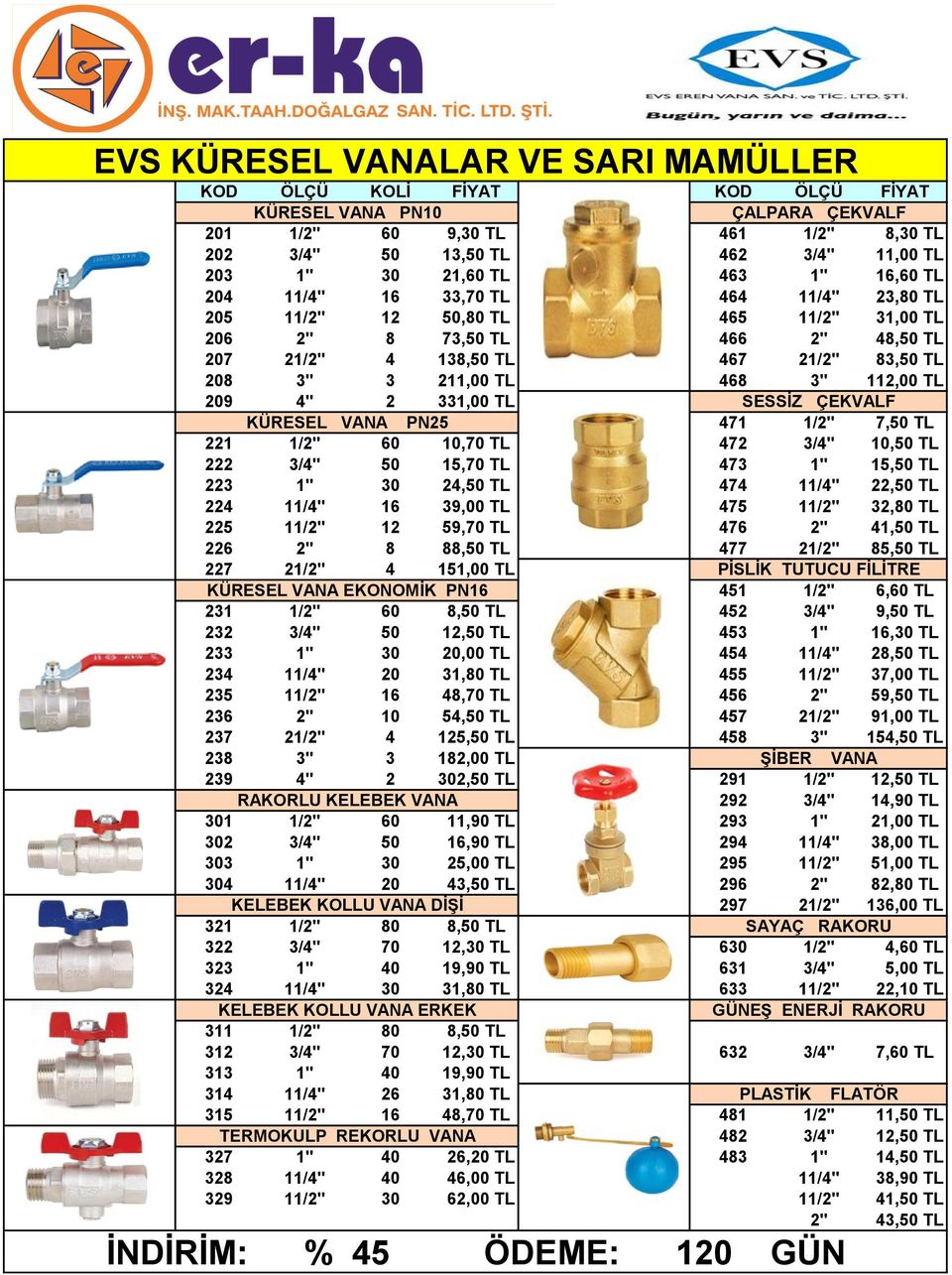 3" 112,00 TL 209 4" 2 331,00 TL SESSİZ ÇEKVALF KÜRESEL VANA PN25 471 1/2" 7,50 TL 221 1/2" 60 10,70 TL 472 3/4" 10,50 TL 222 3/4" 50 15,70 TL 473 1" 15,50 TL 223 1" 30 24,50 TL 474 11/4" 22,50 TL 224