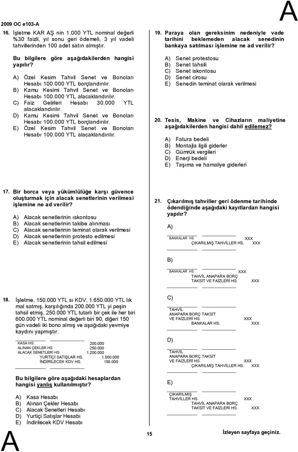 000 YTL borçlandırılır. E) Özel Kesim Tahvil Senet ve onoları Hesabı 100.000 YTL alacaklandırılır. 19. 20.