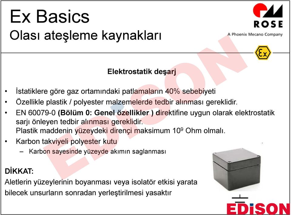 EN 60079-0 (Bölüm 0: Genel özellikler ) direktifine uygun olarak elektrostatik sarjı önleyen tedbir alınması gereklidir.