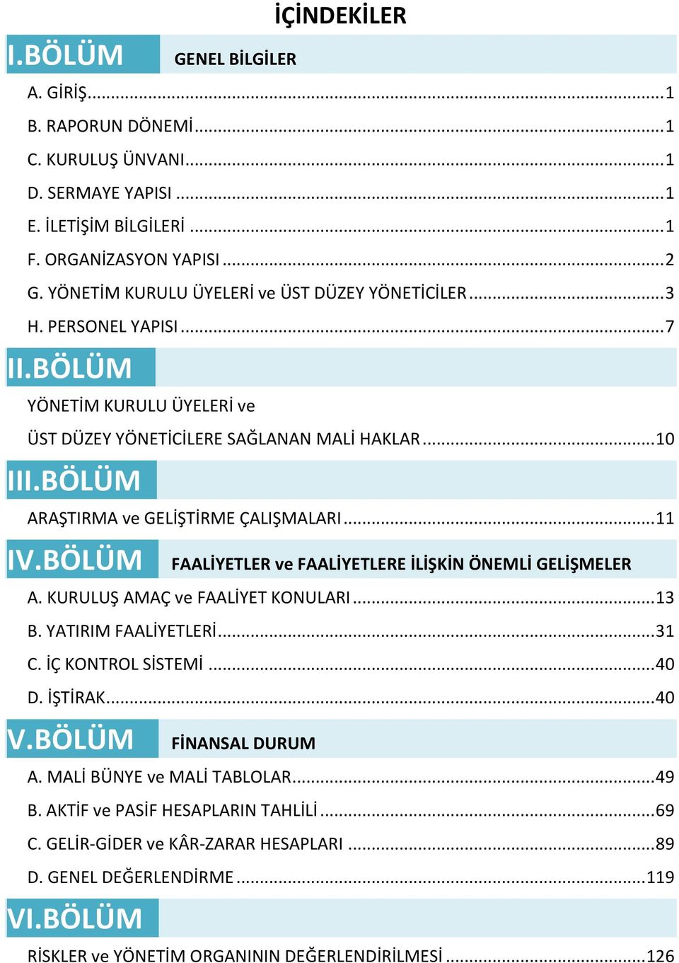 .. 11 IV.BÖLÜM. FAALİYETLER ve FAALİYETLERE İLİŞKİN ÖNEMLİ GELİŞMELER A. KURULUŞ AMAÇ ve FAALİYET KONULARI... 13 B. YATIRIM FAALİYETLERİ... 31 C. İÇ KONTROL SİSTEMİ... 40 D. İŞTİRAK... 40 V.BÖLÜM. FİNANSAL DURUM A.