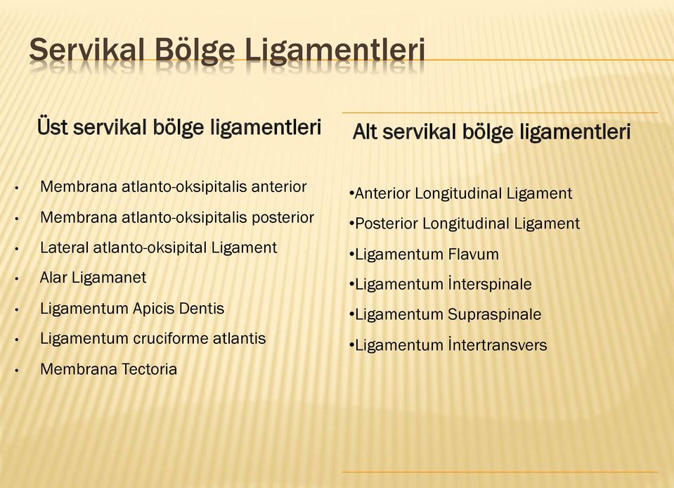 Ligamanet Ligamentum Apicis Dentis Ligamentum cruciforme atlantis Membrana Tectoria Anterior Longitudinal