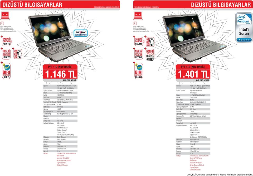 20 GHz, 1 MB, L2 800 MHz Orijinal Windows 7 Starter 14.1 WXGA (1280 x 800) 2 GB DDRII 160 GB Mobile Intel GMA X4500HD 780 MB Paylafl ml 32 MB 1.3 MP 10/100 Mbps Intel GL40 USB 2.