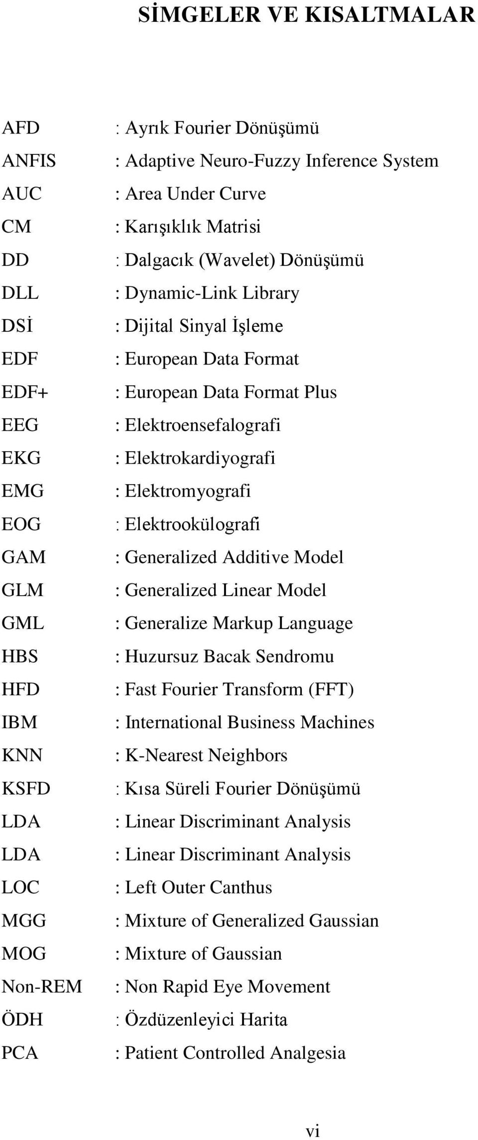 Elektroensefalografi : Elektrokardiyografi : Elektromyografi : Elektrookülografi : Generalized Additive Model : Generalized Linear Model : Generalize Markup Language : Huzursuz Bacak Sendromu : Fast