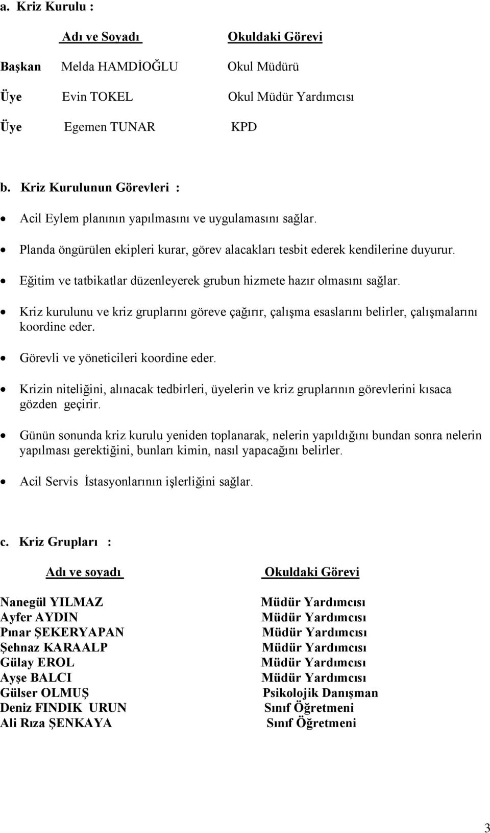 Eğitim ve tatbikatlar düzenleyerek grubun hizmete hazır olmasını sağlar. Kriz kurulunu ve kriz gruplarını göreve çağırır, çalışma esaslarını belirler, çalışmalarını koordine eder.