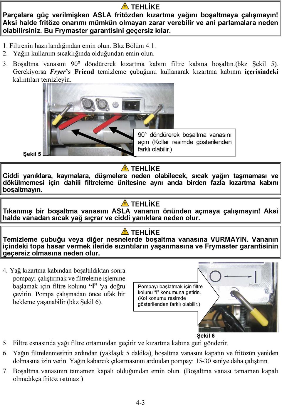 Boşaltma vanasını 90º döndürerek kızartma kabını filtre kabına boşaltın.(bkz Şekil 5). Gerekiyorsa Fryer s Friend temizleme çubuğunu kullanarak kızartma kabının içerisindeki kalıntıları temizleyin.