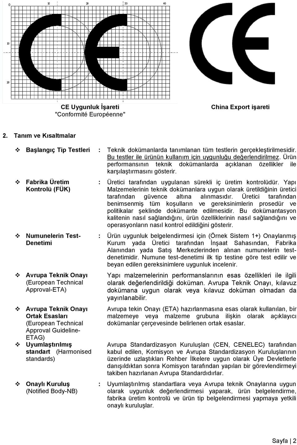 Fabrika Üretim Kontrolü (FÜK) Numunelerin Test- Denetimi Avrupa Teknik Onayı (European Technical Approval-ETA) Avrupa Teknik Onayı Ortak Esasları (European Technical Approval Guideline- ETAG)