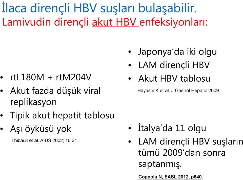 akut hepatit tablosu Aşı öyküsü yok Thibault et al. AIDS 2002; 16:31.