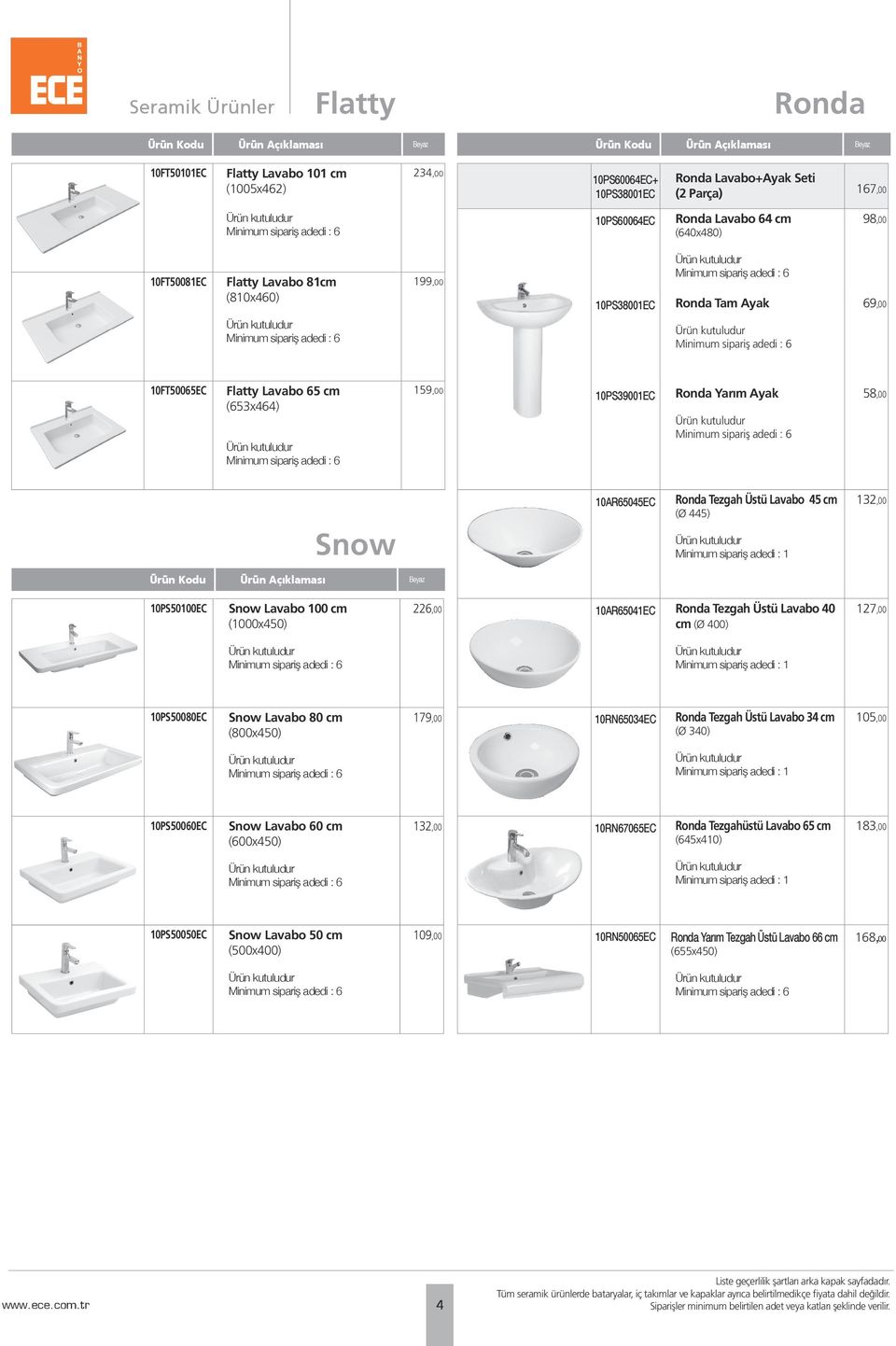 Tezgah Üstü Lavabo 45 cm (Ø 445) Minimum sipariş adedi : 1 132,00 Beyaz 10PS50100EC Snow Lavabo 100 cm (1000x450) 226,00 10AR65041EC Ronda Tezgah Üstü Lavabo 40 cm (Ø 400) 127,00 Minimum sipariş