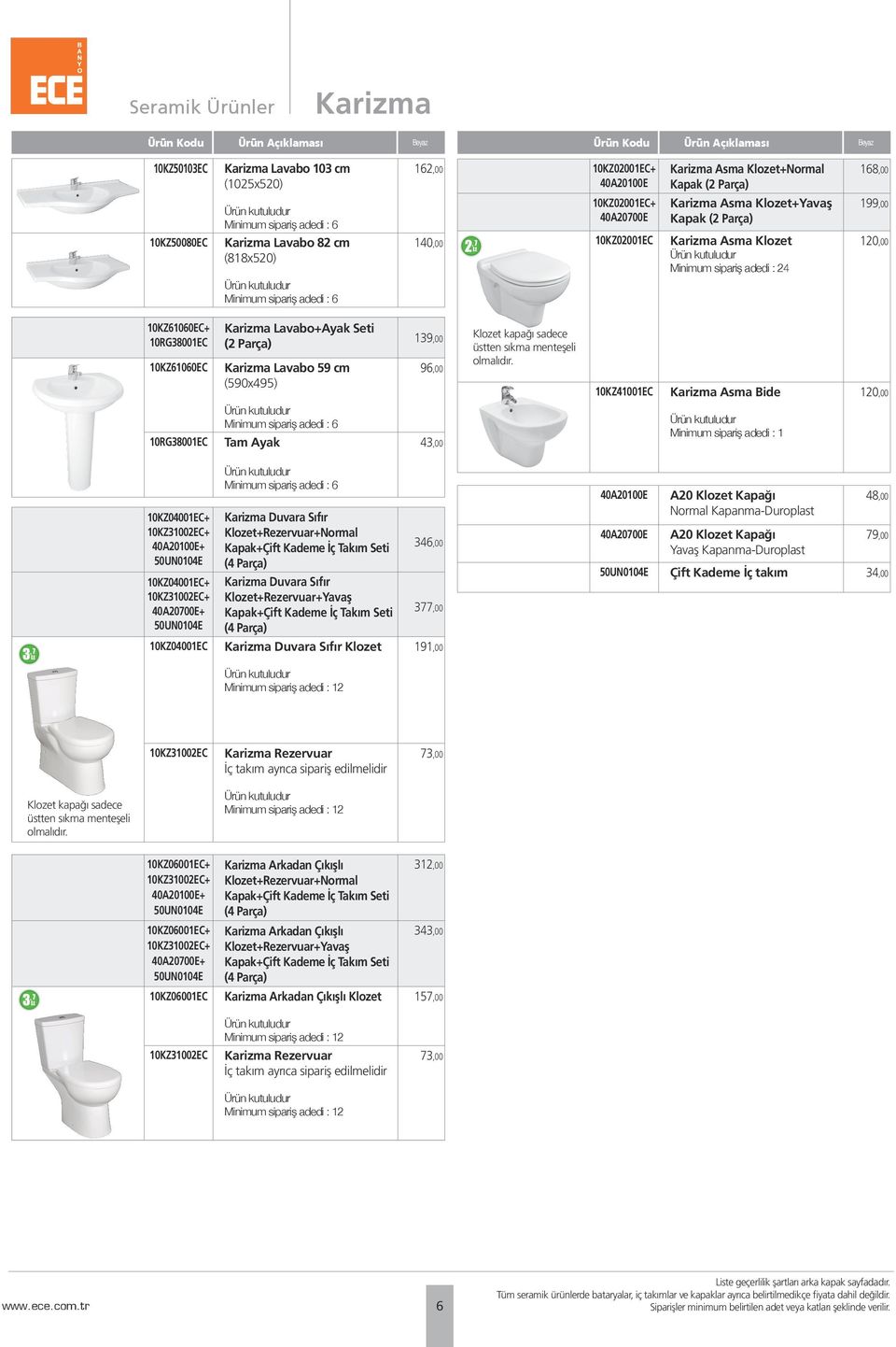 Lavabo+Ayak Seti (2 Parça) Karizma Lavabo 59 cm (590x495) 139,00 96,00 Klozet kapağı sadece üstten sıkma menteşeli olmalıdır.