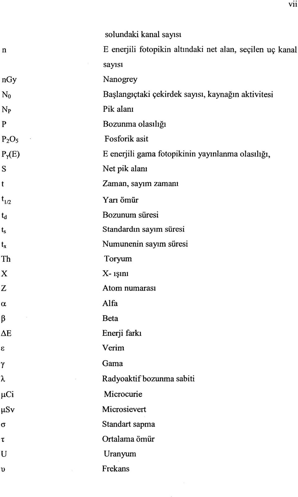 fotopikinin yayınlanma olasılığı, Net pik alanı Zaman, sayım zamanı Yan ömür Bozunum süresi Standardın sayım süresi Numunenin sayım süresi Toryum