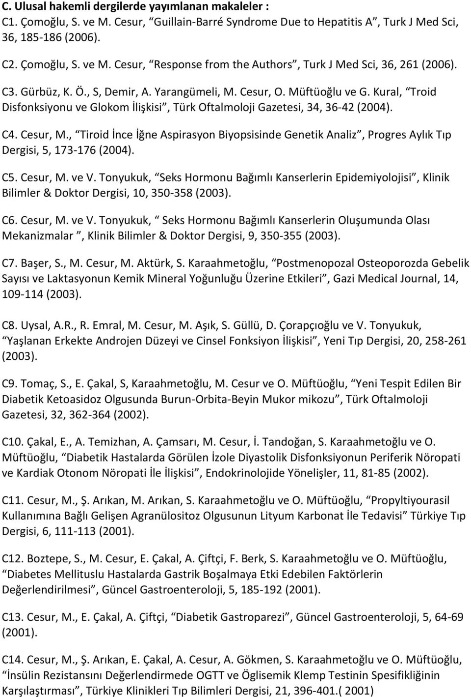 , Tiroid İnce İğne Aspirasyon Biyopsisinde Genetik Analiz, Progres Aylık Tıp Dergisi, 5, 173-176 (2004). C5. Cesur, M. ve V.
