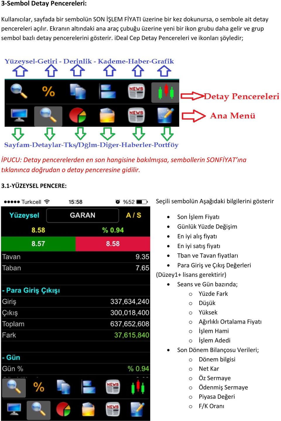 ideal Cep Detay Pencereleri ve ikonları şöyledir; İPUCU: Detay pencerelerden en son hangisine bakılmışsa, sembollerin SONFİYAT ına tıklanınca doğrudan o detay penceresine gidilir. 3.