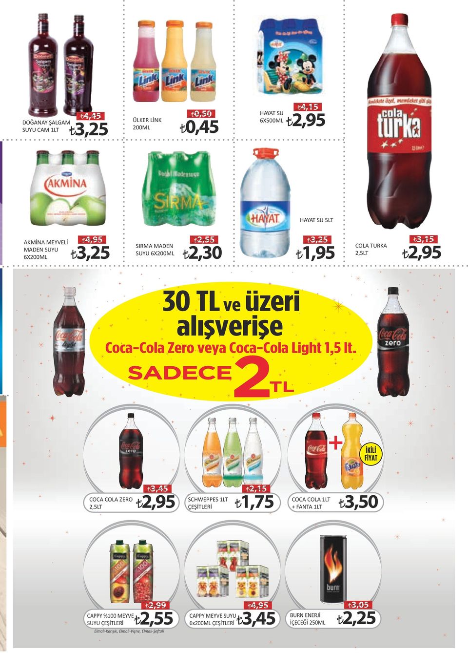 ZERO SCHWEPPES 1LT COCA COLA 1LT 2,5LT ÇEŞİTLERİ 1,75 + FANTA 1LT 3,50 2,99 CAPPY %100 MEYVE 2,55 3,05 CAPPY MEYVE