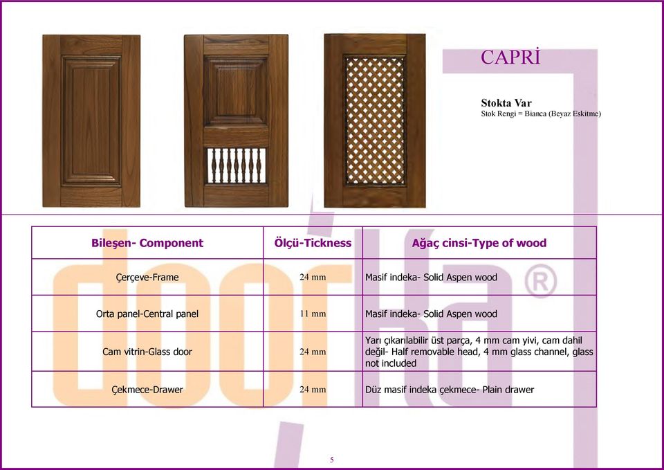 Masif indeka- Solid Aspen wood Yarı çıkarılabilir üst parça, 4 mm cam yivi, cam dahil değil- Half