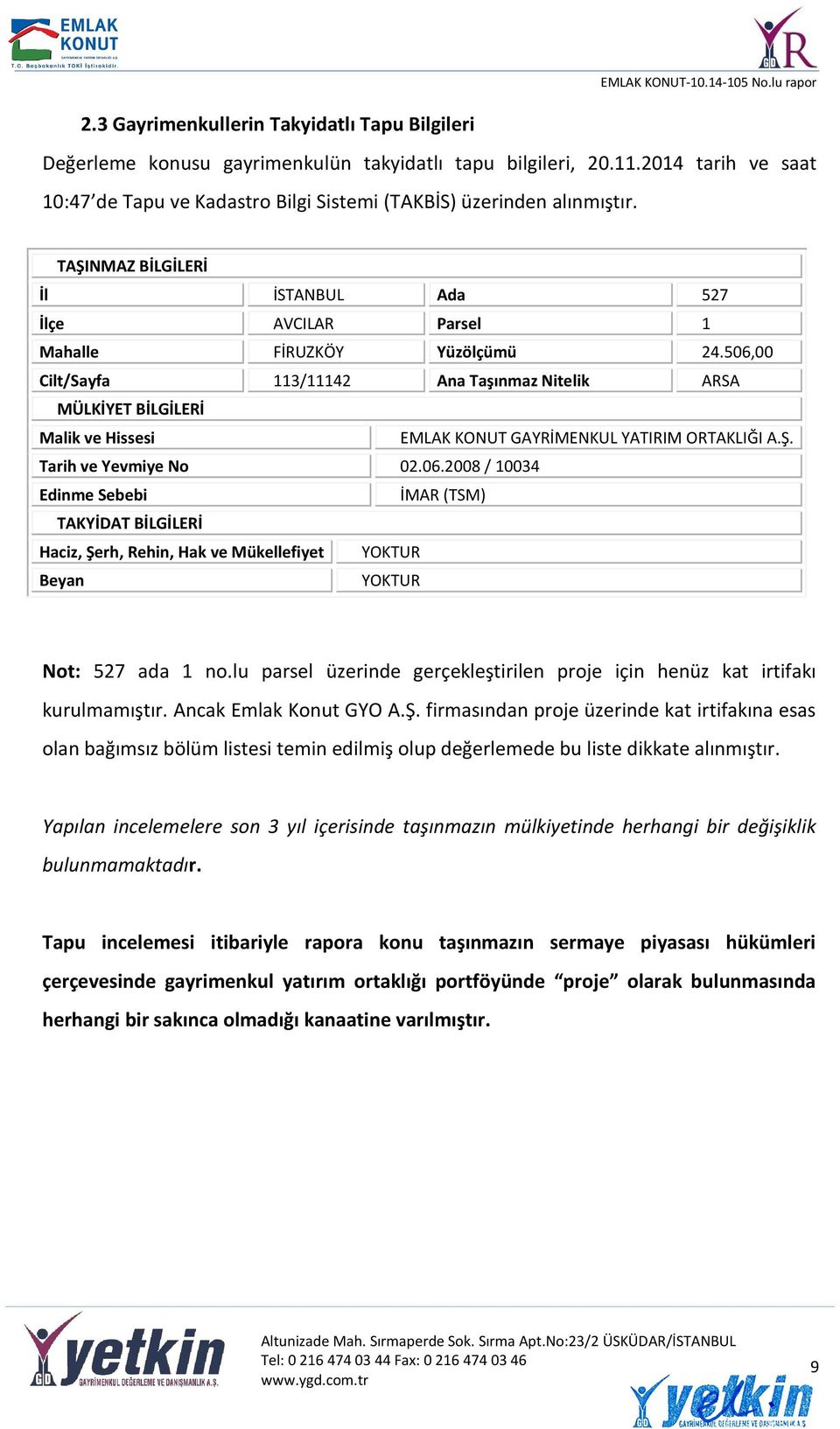 506,00 Cilt/Sayfa 113/11142 Ana Taşınmaz Nitelik ARSA MÜLKİYET BİLGİLERİ Malik ve Hissesi EMLAK KONUT GAYRİMENKUL YATIRIM ORTAKLIĞI A.Ş. Tarih ve Yevmiye No 02.06.2008 / 10034 Edinme Sebebi İMAR (TSM) TAKYİDAT BİLGİLERİ Haciz, Şerh, Rehin, Hak ve Mükellefiyet YOKTUR Beyan YOKTUR Not: 527 ada 1 no.