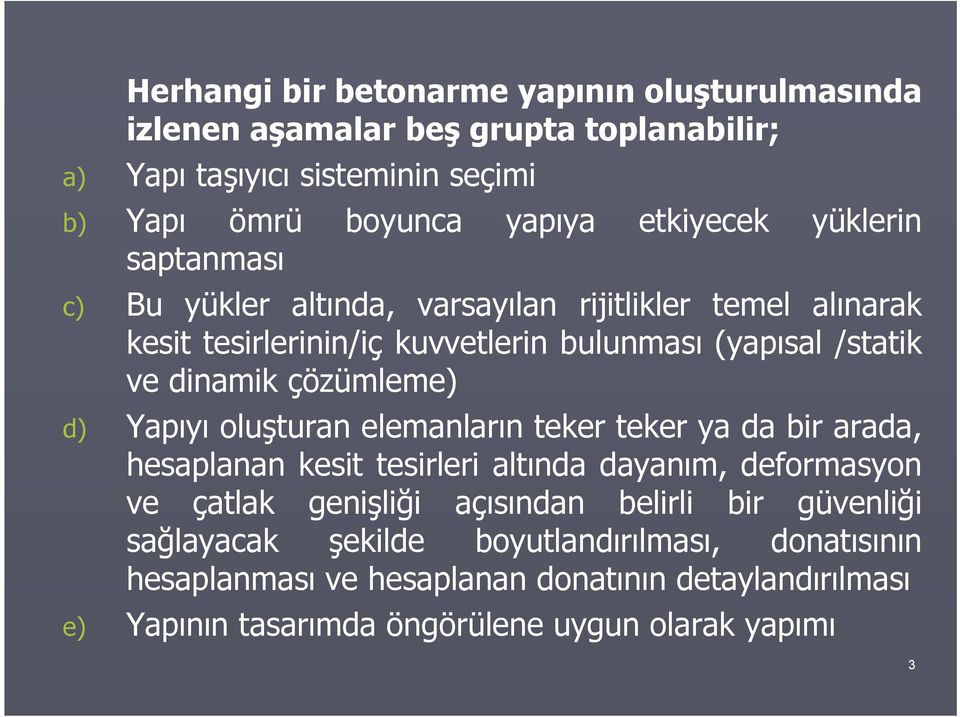 d) Yapıyı oluşturan elemanların teker teker ya da bir arada, hesaplanan kesit tesirleri altında dayanım, deformasyon ve çatlak genişliği açısından belirli bir