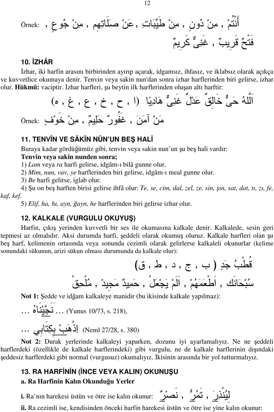 TENVÎN VE SÂKİN NÛN UN BEŞ HALİ Buraya kadar gördüğümüz gibi tenvin veya sakin nun un şu beş hali vardır: Tenvin veya sakin nunden sonra; 1) Lam veya ra harfi gelirse idgâmı bilâ gunne olur.