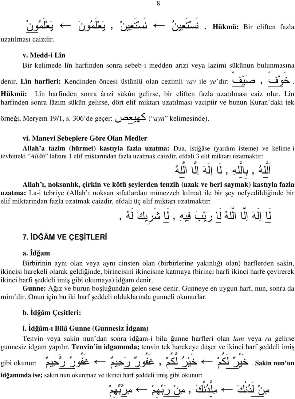 Lîn harfinden sonra lâzım sükûn gelirse dört elif miktarı uzatılması vaciptir ve bunun Kuran daki tek örneği Meryem 19/1 s. 306 de geçer: ( ayn kelimesinde). vi.