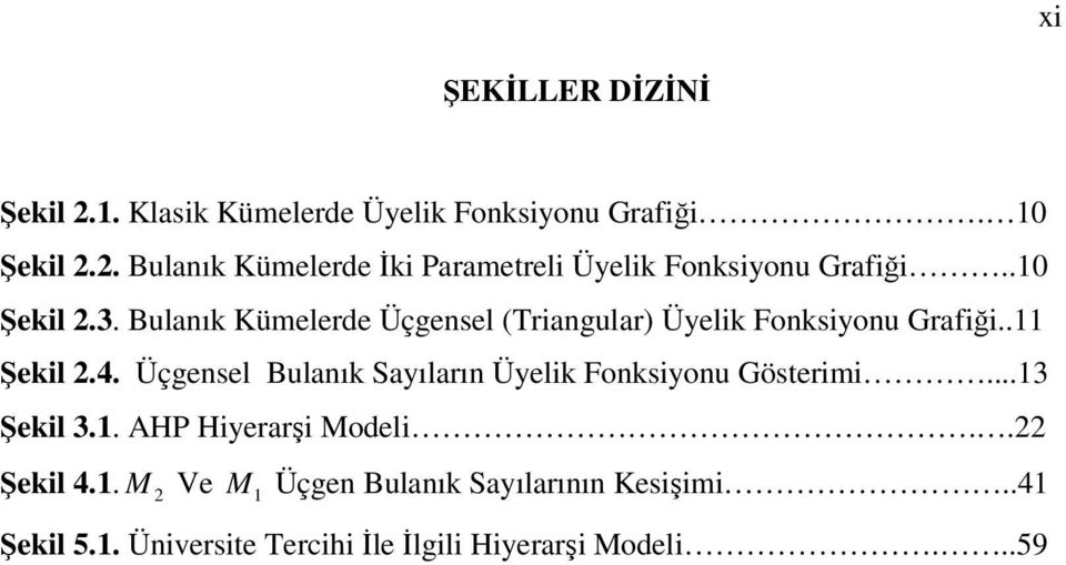 Üçgensel Bulanık Sayıların Üyelik Fonksiyonu Gösterimi...13 Şekil 3.1. AHP Hiyerarşi Modeli..22 Şekil 4.1. M 2 Ve M 1 Üçgen Bulanık Sayılarının Kesişimi.