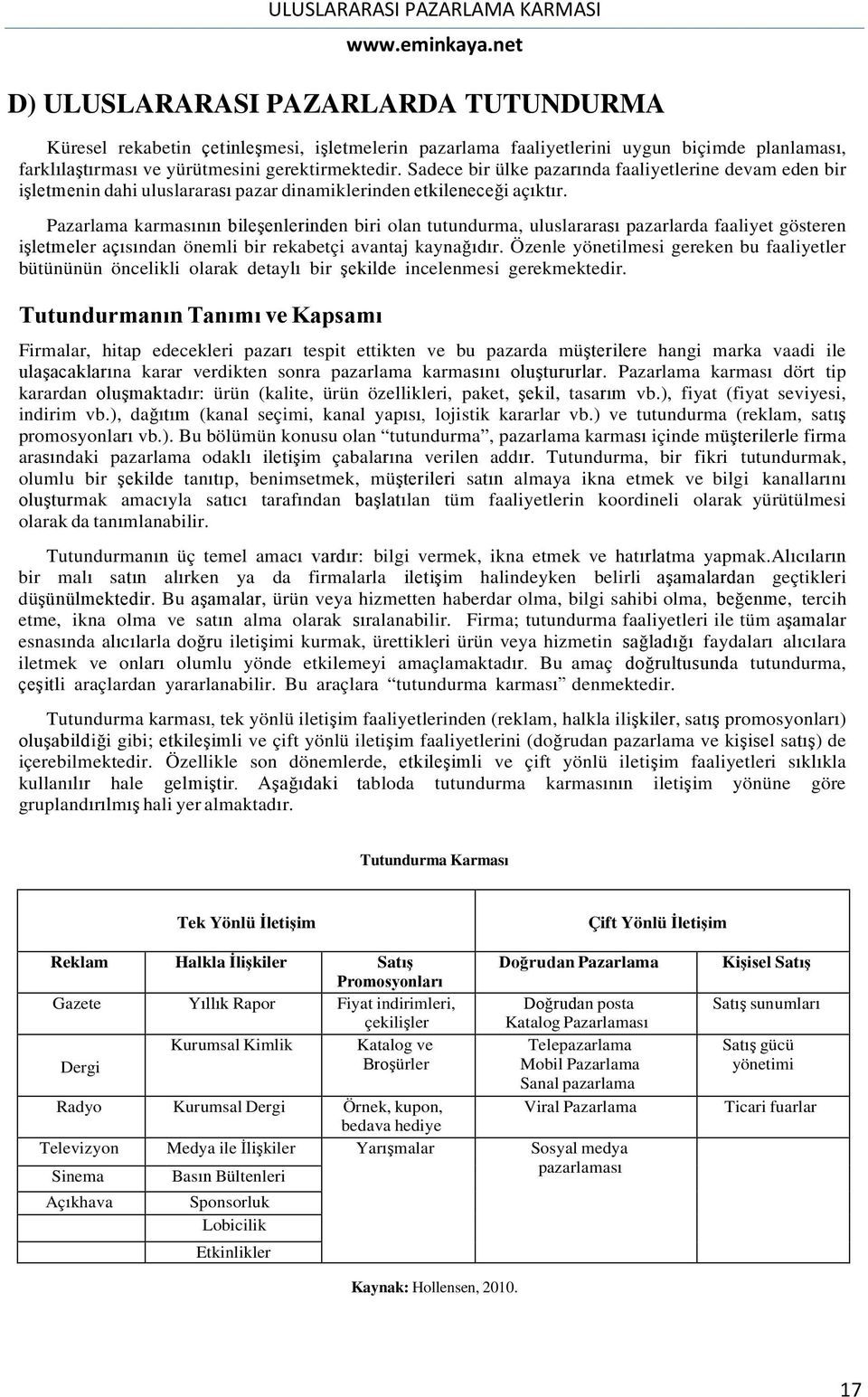 Pazarlama karmasının bileşenlerinden biri olan tutundurma, uluslararası pazarlarda faaliyet gösteren işletmeler açısından önemli bir rekabetçi avantaj kaynağıdır.