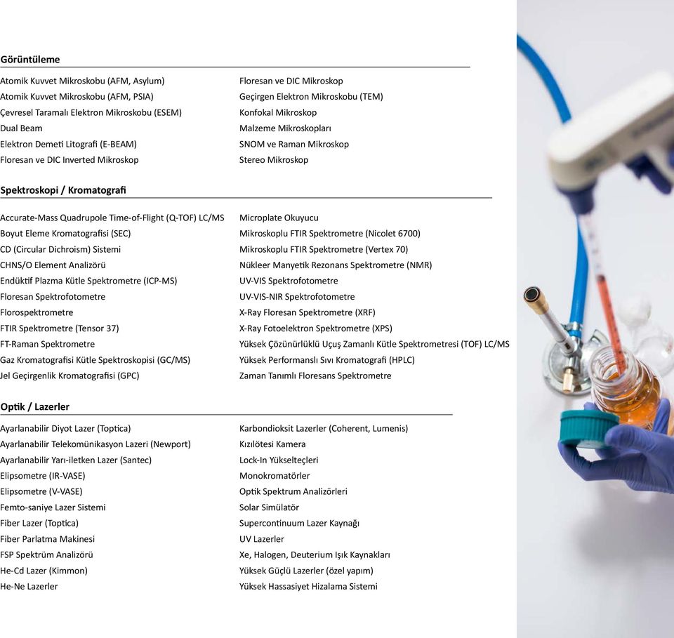 Accurate-Mass Quadrupole Time-of-Flight (Q-TOF) LC/MS Microplate Okuyucu Boyut Eleme Kromatografisi (SEC) Mikroskoplu FTIR Spektrometre (Nicolet 6700) CD (Circular Dichroism) Sistemi Mikroskoplu FTIR