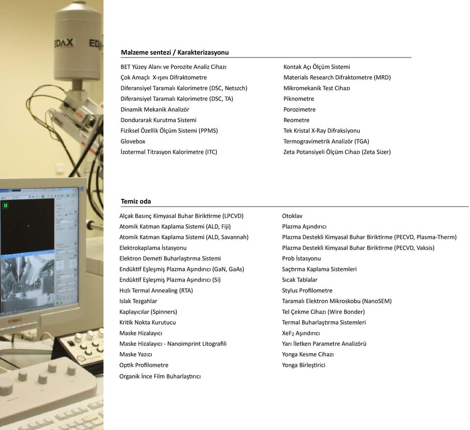 (MRD) Mikromekanik Test Cihazı Piknometre Porozimetre Reometre Tek Kristal X-Ray Difraksiyonu Termogravimetrik Analizör (TGA) Zeta Potansiyeli Ölçüm Cihazı (Zeta Sizer) Temiz oda Alçak Basınç
