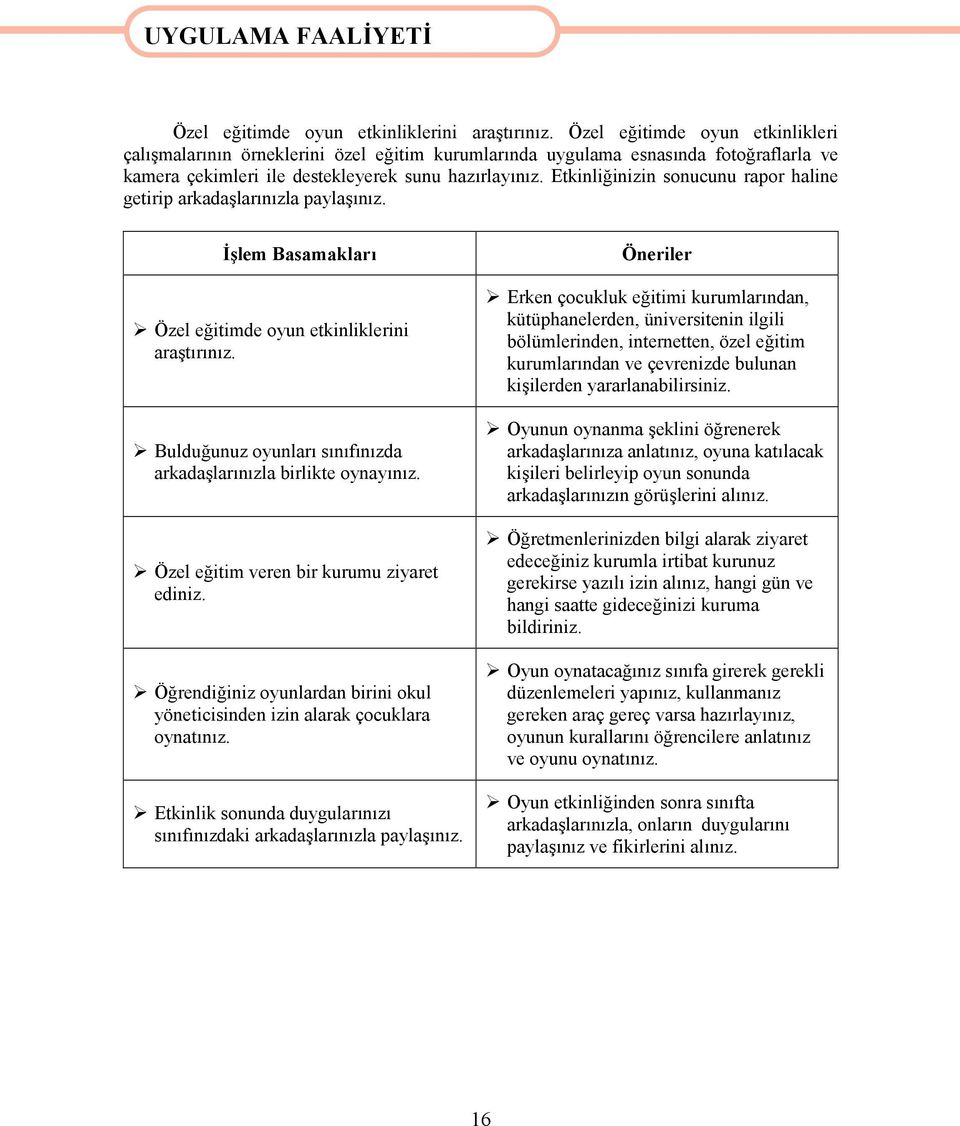 Etkinliğinizin sonucunu rapor haline getirip arkadaşlarınızla paylaşınız. İşlem Basamakları Özel eğitimde oyun etkinliklerini araştırınız.