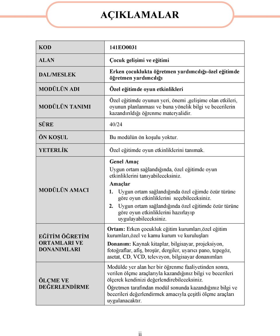SÜRE 40/24 ÖN KOŞUL YETERLİK MODÜLÜN AMACI EĞİTİM ÖĞRETİM ORTAMLARI VE DONANIMLARI ÖLÇME VE DEĞERLENDİRME Bu modülün ön koşulu yoktur. Özel eğitimde oyun etkinliklerini tanımak.