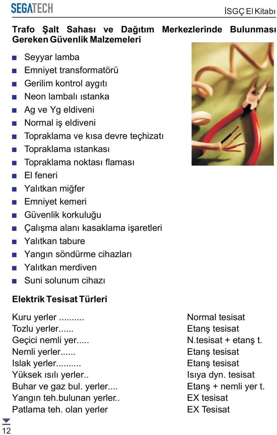 Yangýn söndürme cihazlarý Yalýtkan merdiven Suni solunum cihazý 12 Elektrik Tesisat Türleri Kuru yerler... Normal tesisat Tozlu yerler... Etanþ tesisat Geçici nemli yer... N.tesisat + etanþ t.