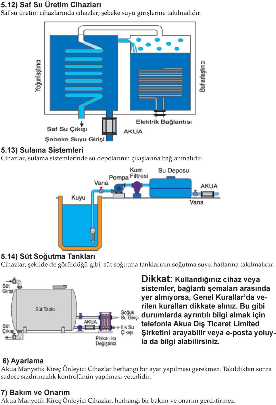 14) Süt Soğutma Tankları Cihazlar, şekilde de görüldüğü gibi, süt soğutma tanklarının soğutma suyu hatlarına takılmalıdır.