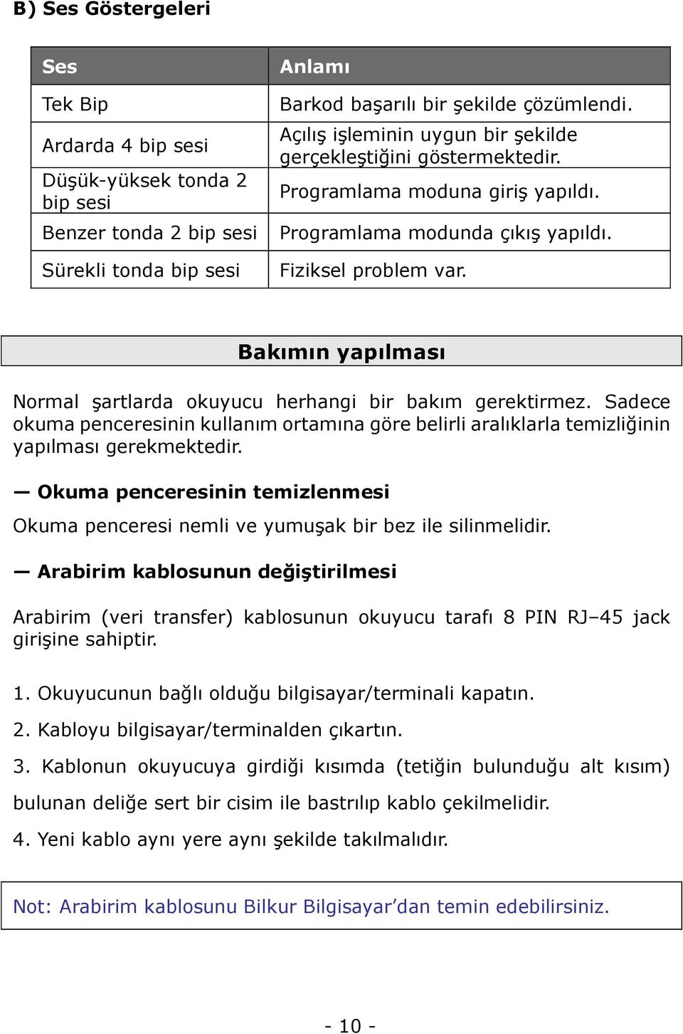 Bakımın yapılması Normal şartlarda okuyucu herhangi bir bakım gerektirmez. Sadece okuma penceresinin kullanım ortamına göre belirli aralıklarla temizliğinin yapılması gerekmektedir.