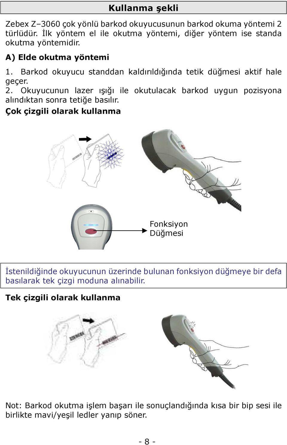 Okuyucunun lazer ışığı ile okutulacak barkod uygun pozisyona alındıktan sonra tetiğe basılır.