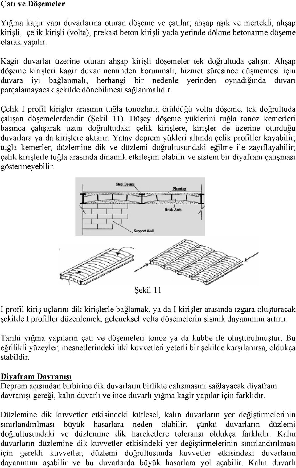 Ahşap döşeme kirişleri kagir duvar neminden korunmalı, hizmet süresince düşmemesi için duvara iyi bağlanmalı, herhangi bir nedenle yerinden oynadığında duvarı parçalamayacak şekilde dönebilmesi