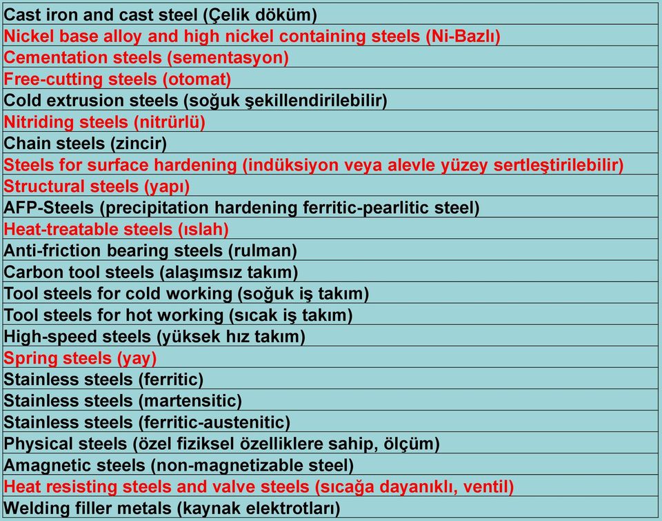 (precipitation hardening ferritic-pearlitic steel) Heat-treatable steels (ıslah) Anti-friction bearing steels (rulman) Carbon tool steels (alaşımsız takım) Tool steels for cold working (soğuk iş