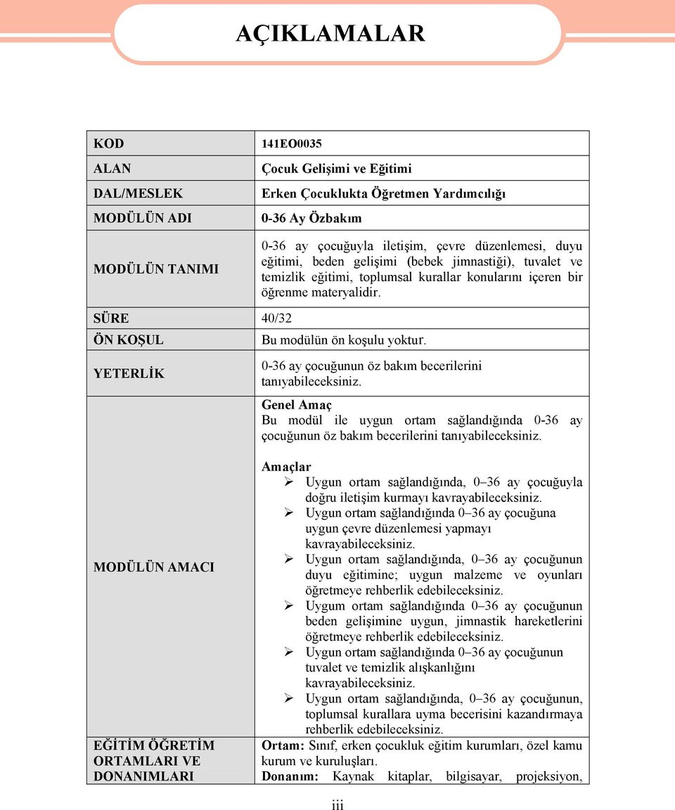 SÜRE 40/32 ÖN KOŞUL YETERLİK Bu modülün ön koşulu yoktur. 0-36 ay çocuğunun öz bakım becerilerini tanıyabileceksiniz.