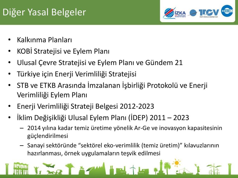 Strateji Belgesi 2012-2023 İklim Değişikliği Ulusal Eylem Planı (İDEP) 2011 2023 2014 yılına kadar temiz üretime yönelik Ar-Ge ve inovasyon