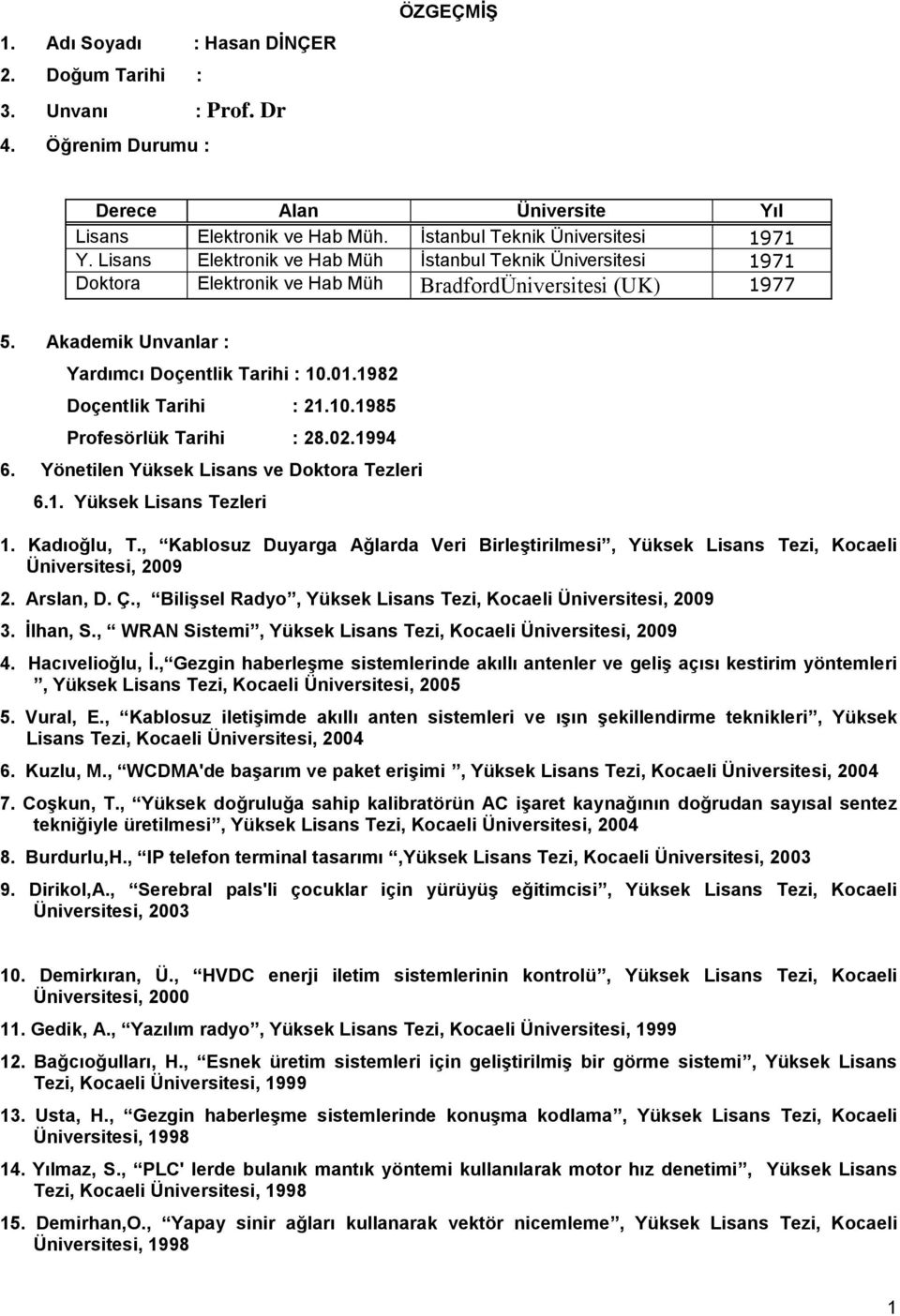 1982 Doçentlik Tarihi : 21.10.1985 Profesörlük Tarihi : 28.02.1994 6. Yönetilen Yüksek Lisans ve Doktora Tezleri 6.1. Yüksek Lisans Tezleri 1. Kadıoğlu, T.