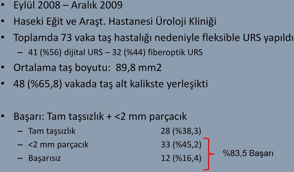 (%56) dijital URS 32 (%44) fiberoptik URS Ortalama taş boyutu: 89,8 mm2 48 (%65,8) vakada taş