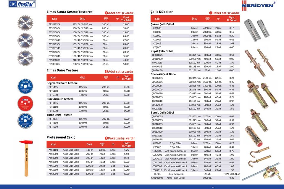 28,50 FESK19040 190*40 * 30/20 mm 50 ad. 31,00 FESK21030 210*30 * 30/20 mm 50 ad. 43,00 FESK23032 230*32 * 30/20 mm 25 ad. 53,00 Elmas Daire Testere Segmentli Daire Testere FETS115 115 mm 200 ad.