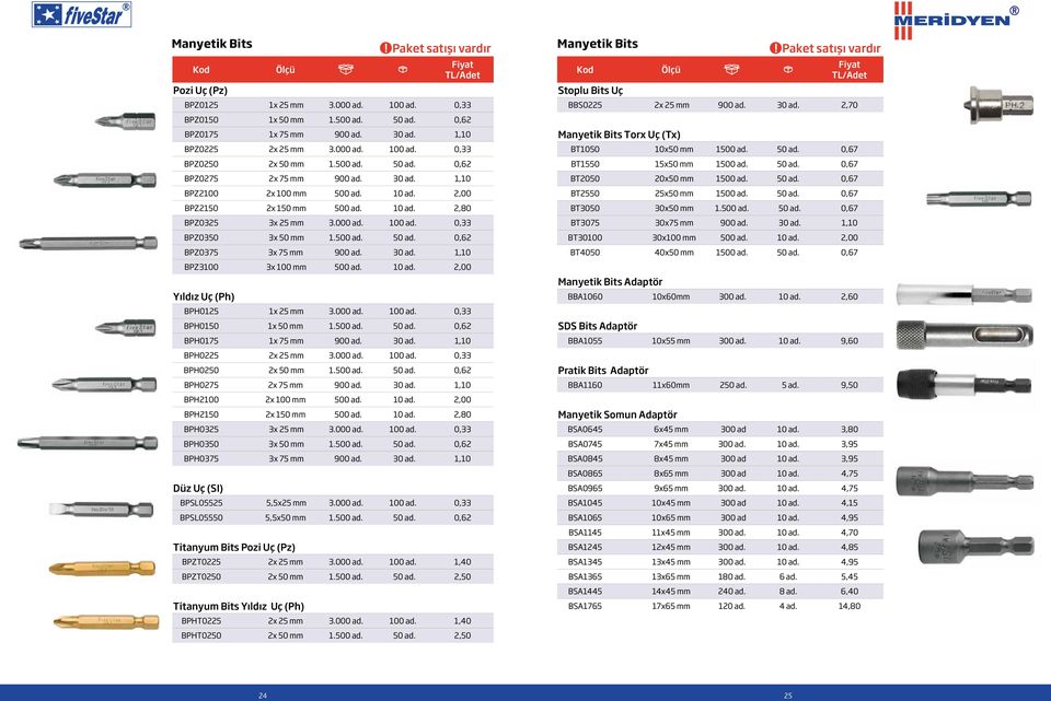 30 ad. 1,10 BPZ3100 3x 100 mm 500 ad. 10 ad. 2,00 Yıldız Uç (Ph) BPH0125 1x 25 mm 3.000 ad. 100 ad. 0,33 BPH0150 1x 50 mm 1.500 ad. 50 ad. 0,62 BPH0175 1x 75 mm 900 ad. 30 ad. 1,10 BPH0225 2x 25 mm 3.