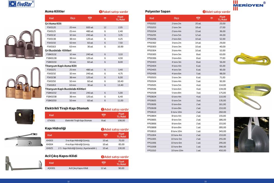 6 4,50 FSBK0150 50 mm 60 ad. 6 8,00 Titanyum Kaplı Asma Kilit FSK0225 25 mm 480 ad. 6 3,40 FSK0232 32 mm 240 ad. 6 4,75 FSK0238 38 mm 120 ad. 6 6,00 FSK0250 50 mm 60 ad. 6 10,40 FSK0263 63 mm 30 ad.