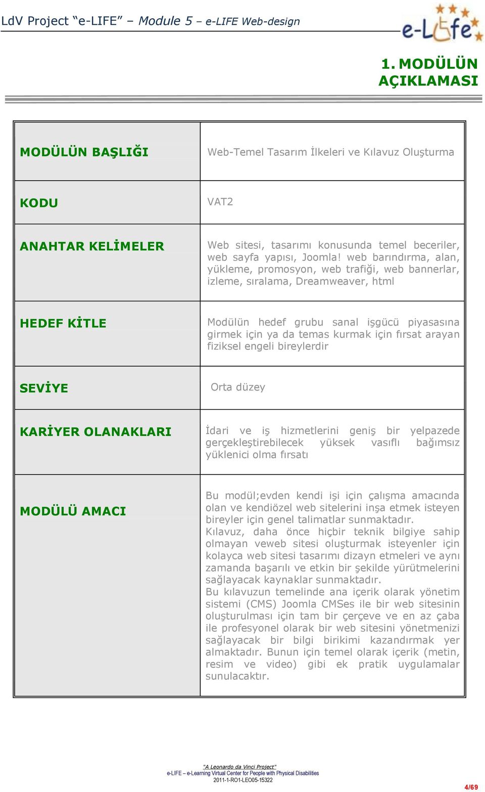 fırsat arayan fiziksel engeli bireylerdir SEVİYE Orta düzey KARİYER OLANAKLARI İdari ve iş hizmetlerini geniş bir yelpazede gerçekleştirebilecek yüksek vasıflı bağımsız yüklenici olma fırsatı MODÜLÜ