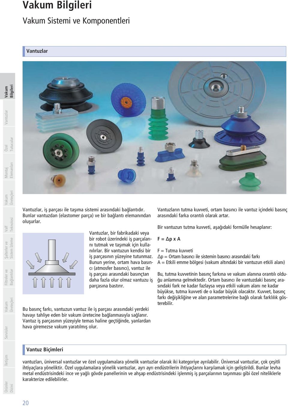 , bir fabrikadaki veya bir robot üzerindeki iş parçalarını tutmak ve taşımak için kullanılırlar. Bir vantuzun kendisi bir iş parçasının yüzeyine tutunmaz.