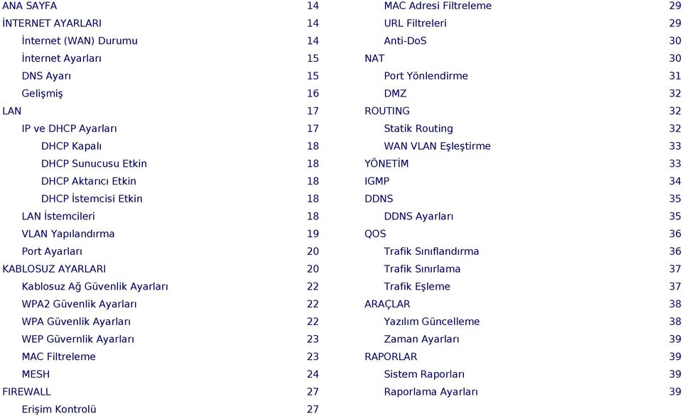 Ayarları 23 MAC Filtreleme 23 MESH 24 FIREWALL 27 Erişim Kontrolü 27 MAC Adresi Filtreleme 29 URL Filtreleri 29 Anti-DoS 30 NAT 30 Port Yönlendirme 31 DMZ 32 ROUTING 32 Statik Routing 32 WAN VLAN