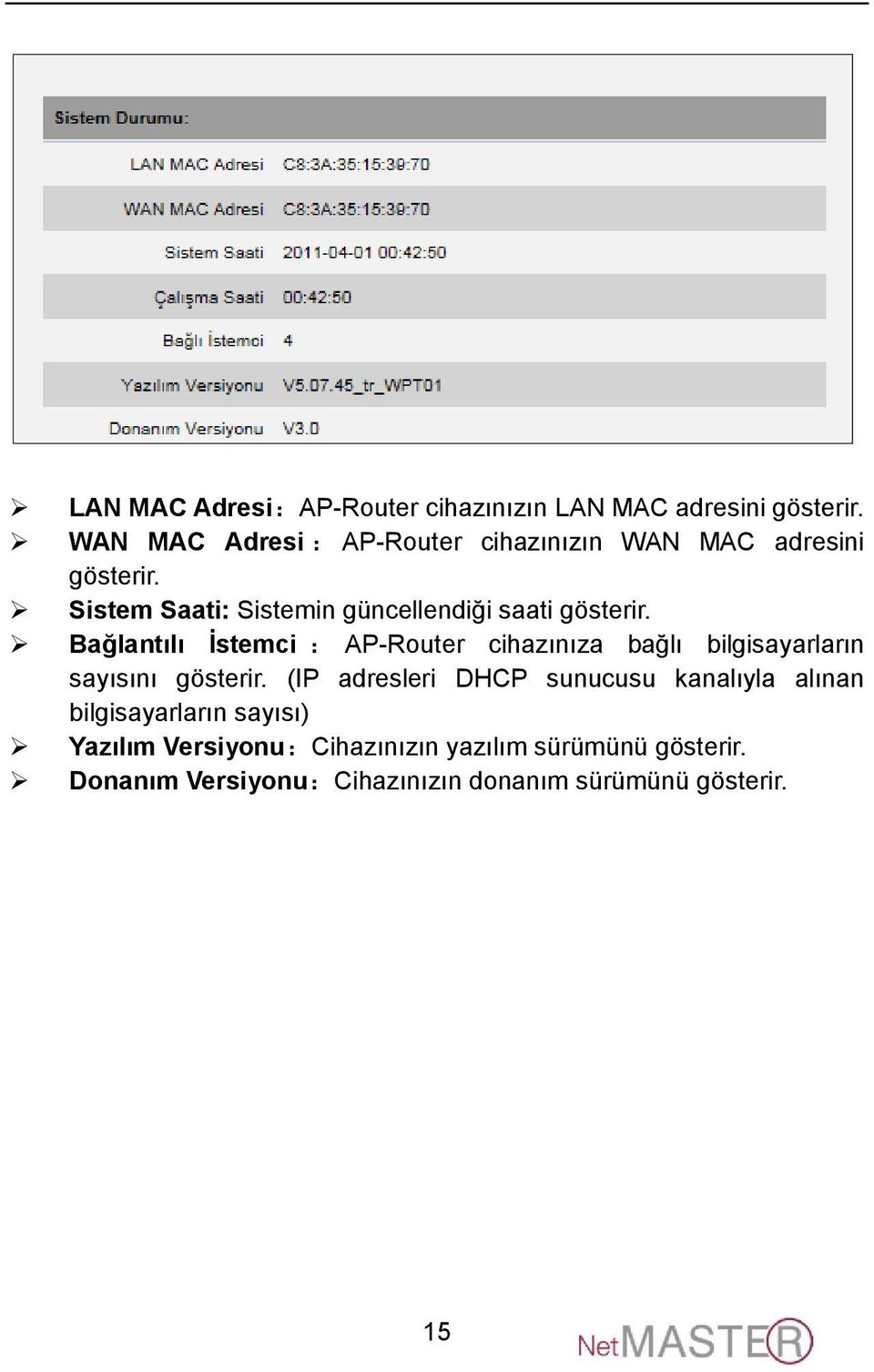 Sistem Saati: Sistemin güncellendiği saati gösterir.