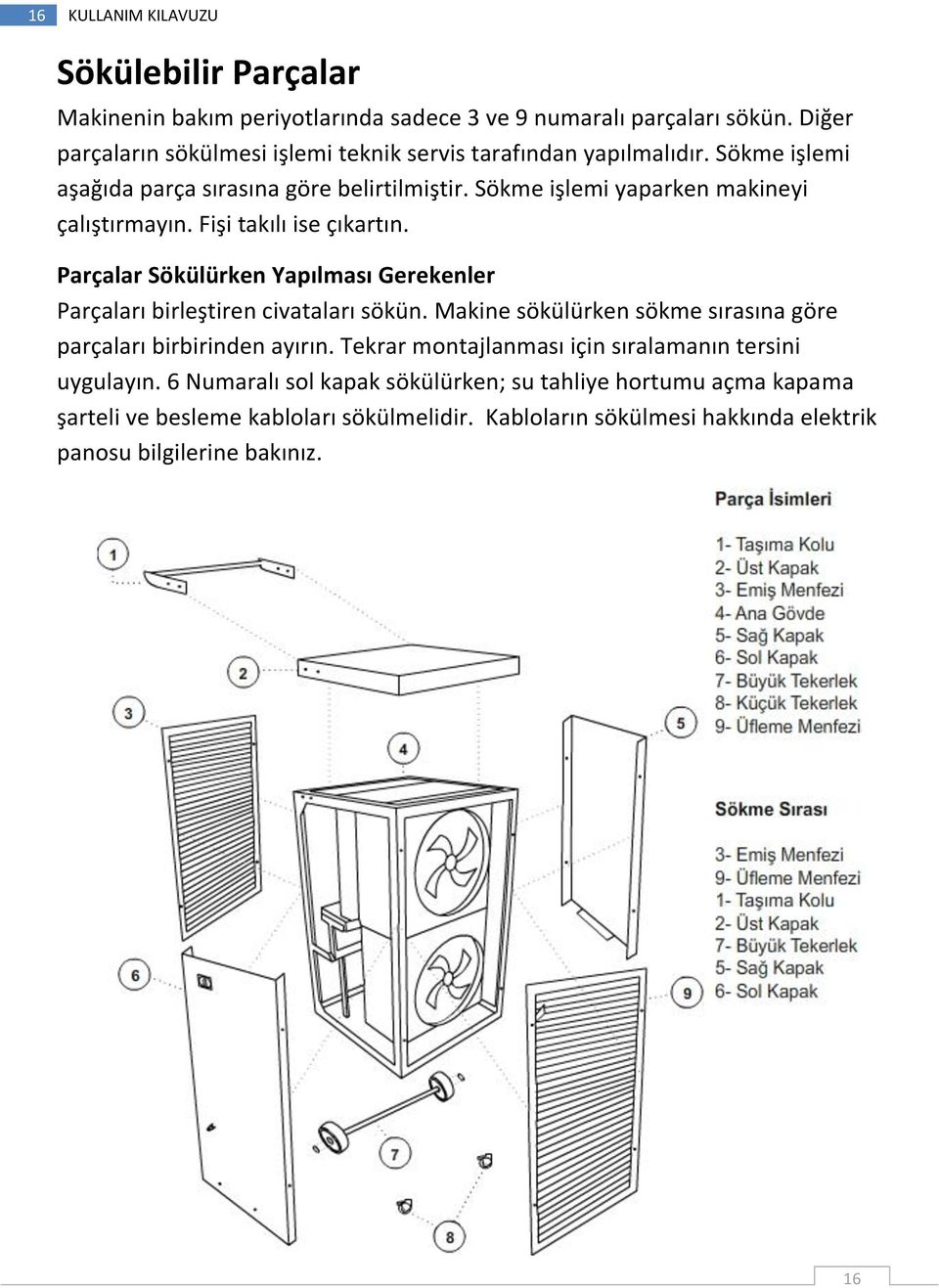 Fişi takılı ise çıkartın. Parçalar Sökülürken Yapılması Gerekenler Parçaları birleştiren civataları sökün. Makine sökülürken sökme sırasına göre parçaları birbirinden ayırın.